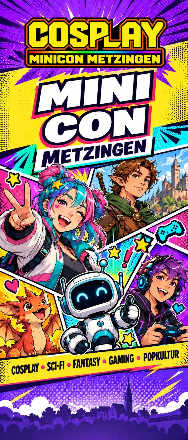 Buntes Minicon-Rollup mit Animefiguren, Drache und Roboter